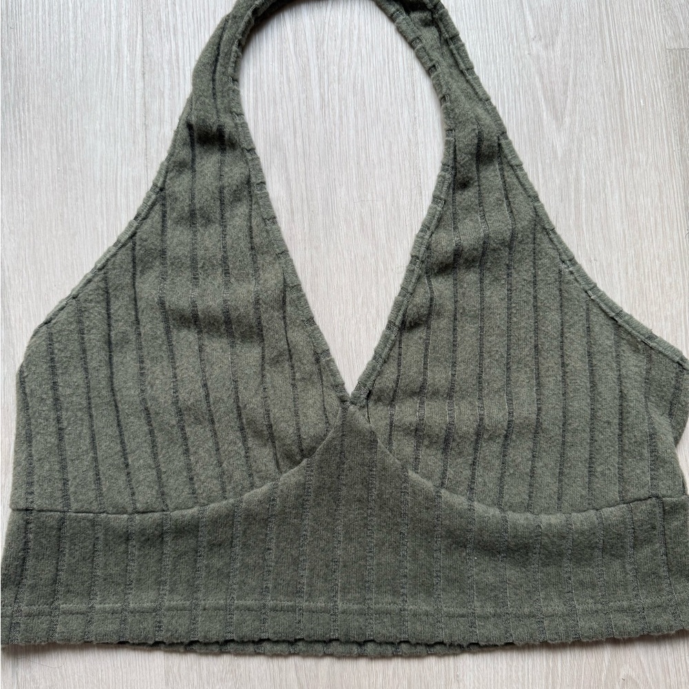Plus Olive Green Halter Crop Top Plus 2X Ribbed Knit